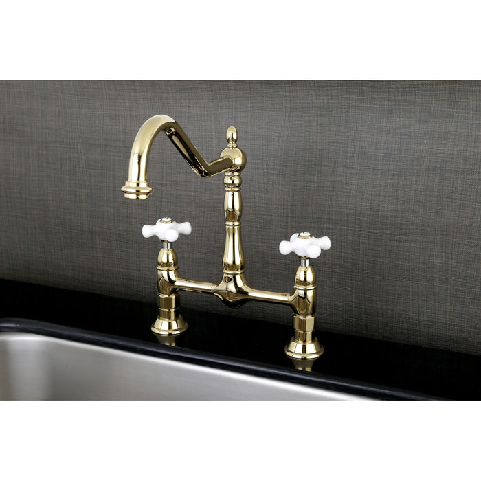 Kingston Heirloom KS1172PX - Heritage Two-Handle 2-Hole Deck Mount Bridge Kitchen Faucet, Polished Brass