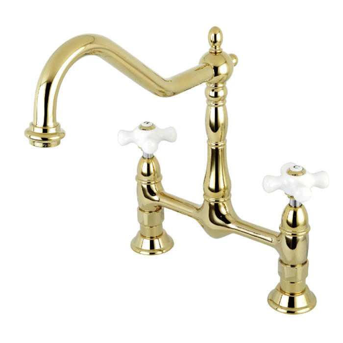 Kingston Heirloom KS1172PX - Heritage Two-Handle 2-Hole Deck Mount Bridge Kitchen Faucet, Polished Brass