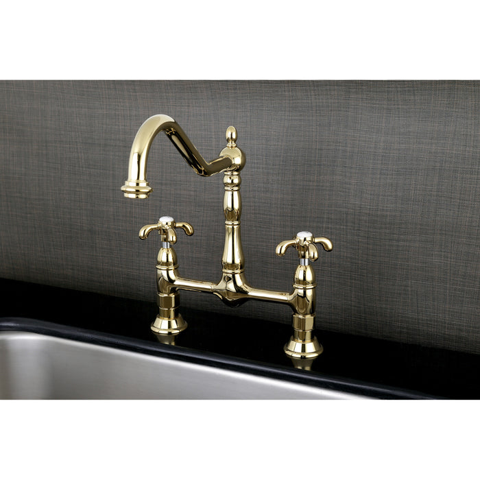 French Country KS1172TX Two-Handle 2-Hole Deck Mount Bridge Kitchen Faucet, Polished Brass