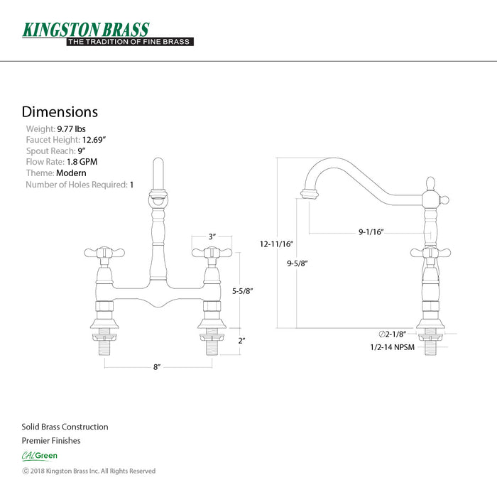 Kingston Heirloom KS1175BEX - Essex Two-Handle 2-Hole Deck Mount Bridge Kitchen Faucet, Oil Rubbed Bronze