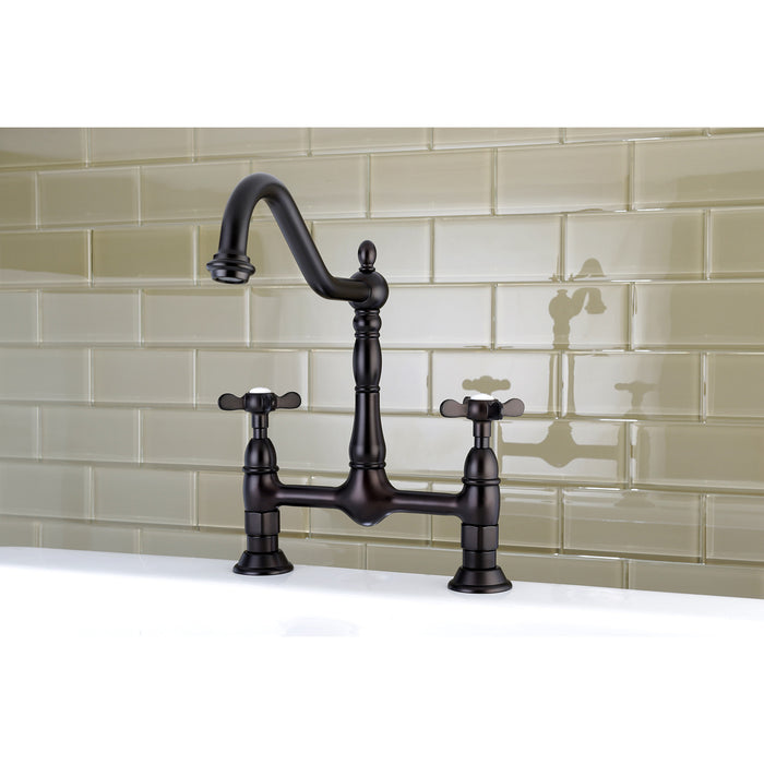 Kingston Heirloom KS1175BEX - Essex Two-Handle 2-Hole Deck Mount Bridge Kitchen Faucet, Oil Rubbed Bronze