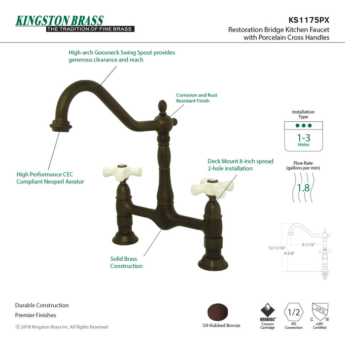 Kingston Heirloom KS1175PX - Heritage Two-Handle 2-Hole Deck Mount Bridge Kitchen Faucet, Oil Rubbed Bronze