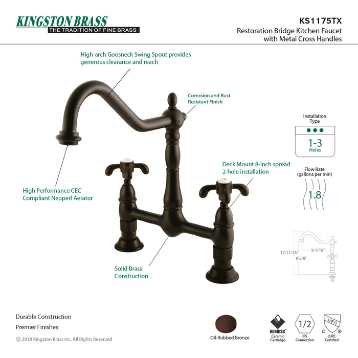 French Country KS1175TX Two-Handle 2-Hole Deck Mount Bridge Kitchen Faucet, Oil Rubbed Bronze
