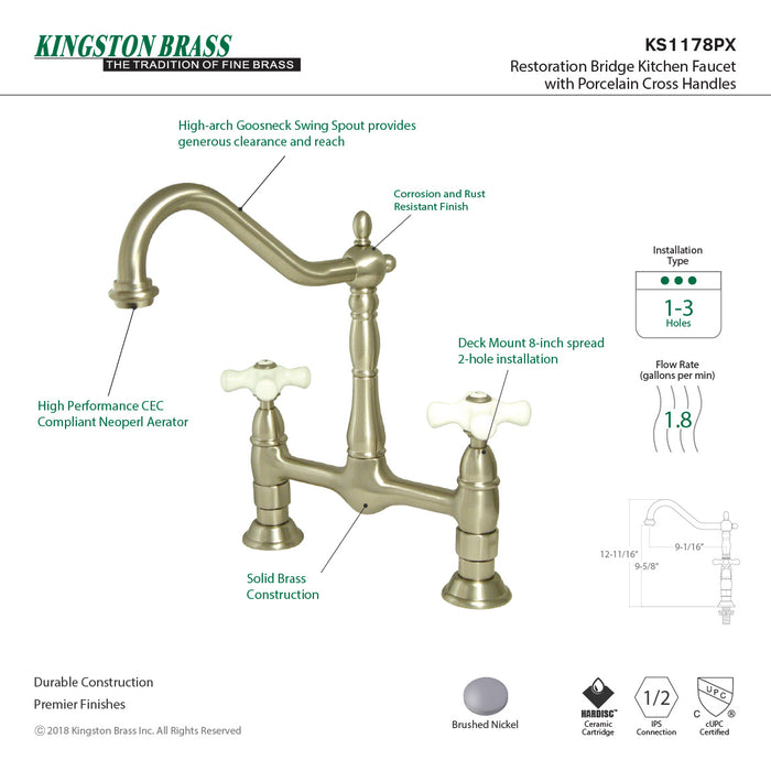 Kingston Heirloom KS1178PX - Heritage Two-Handle 2-Hole Deck Mount Bridge Kitchen Faucet, Brushed Nickel