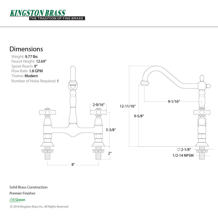 Kingston Heirloom KS1178PX - Heritage Two-Handle 2-Hole Deck Mount Bridge Kitchen Faucet, Brushed Nickel