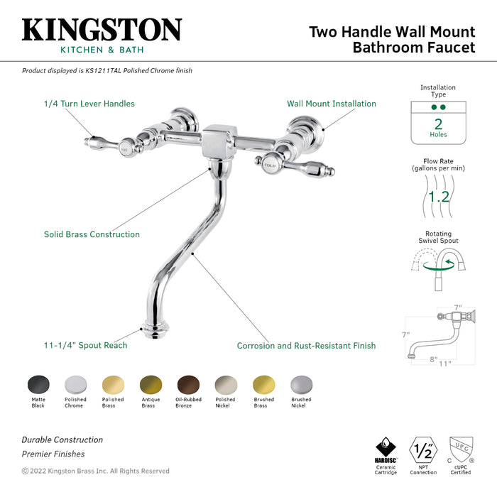 Tudor KS1210TAL Two-Handle 2-Hole Wall Mount Bathroom Faucet, Matte Black