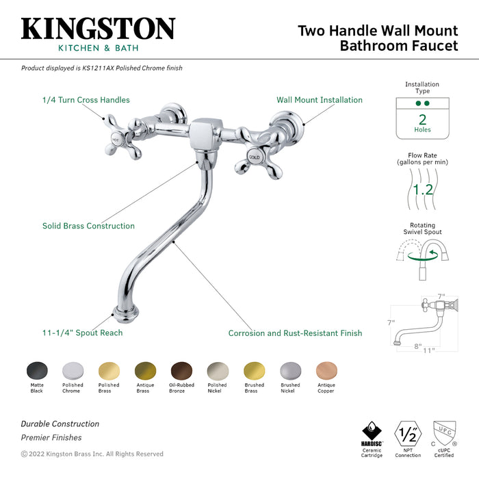 Kingston Heirloom KS1211AX - Heritage Double-Handle 2-Hole Wall Mount Bathroom Faucet, Polished Chrome
