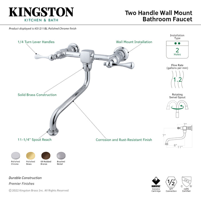 Heritage KS1212BL Two-Handle 2-Hole Wall Mount Bathroom Faucet, Polished Brass