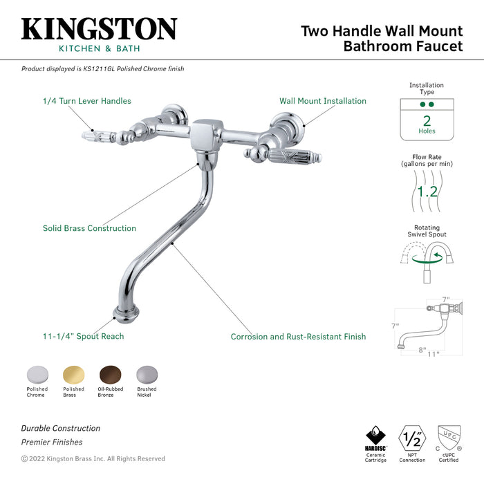 Heritage KS1212GL Two-Handle 2-Hole Wall Mount Bathroom Faucet, Polished Brass