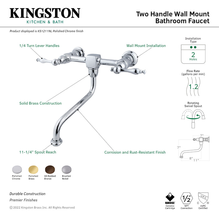 Heritage KS1212NL Two-Handle 2-Hole Wall Mount Bathroom Faucet, Polished Brass