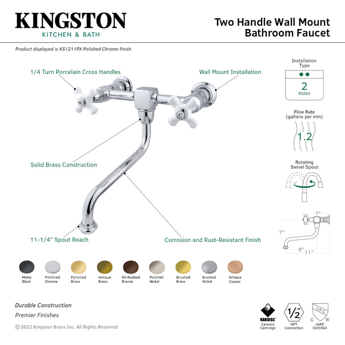 Heritage KS1212PX Two-Handle 2-Hole Wall Mount Bathroom Faucet, Polished Brass