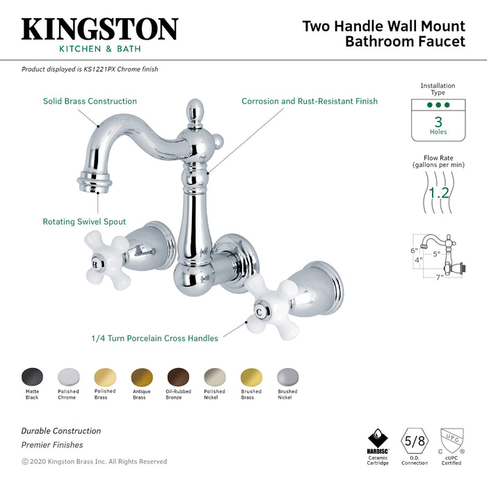 Kingston Heirloom KS1221PX - Heritage Double-Handle 3-Hole Wall Mount Bathroom Faucet, Polished Chrome