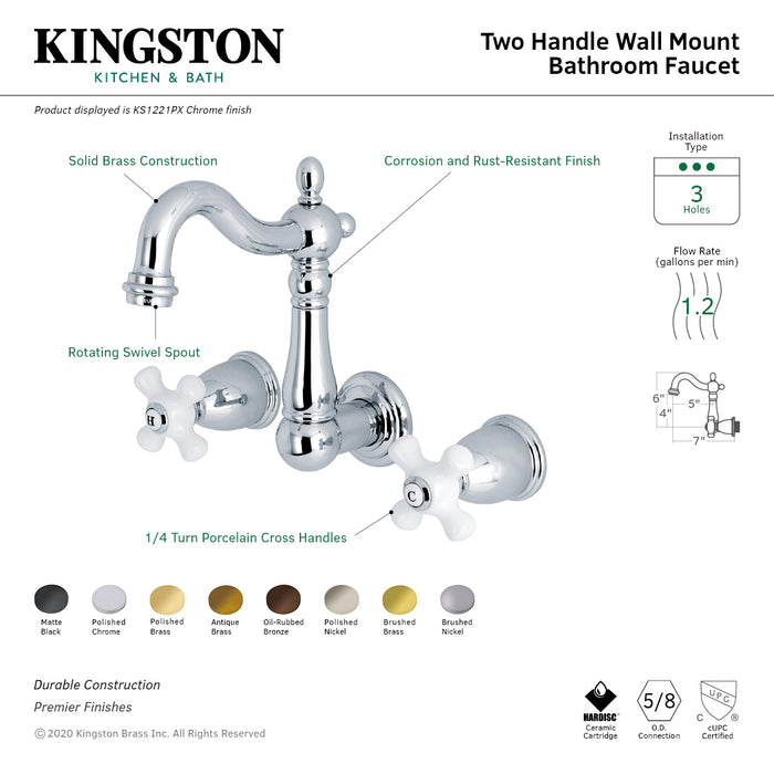 Heritage KS1222PX Two-Handle 3-Hole Wall Mount Bathroom Faucet, Polished Brass