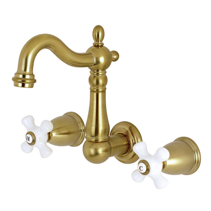 Kingston Heirloom KS1227PX - Heritage Double-Handle 3-Hole Wall Mount Bathroom Faucet, Brushed Brass