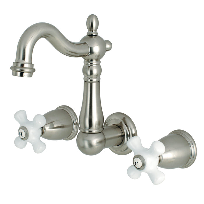 Kingston Heirloom KS1228PX - Heritage Double-Handle 3-Hole Wall Mount Bathroom Faucet, Brushed Nickel