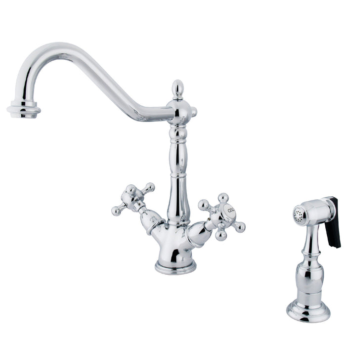 Heritage KS1231BXBS Two-Handle 2-or-4 Hole Deck Mount Kitchen Faucet with Brass Sprayer, Polished Chrome