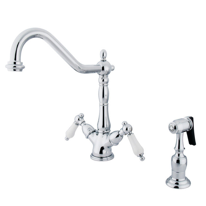 Heritage KS1231PLBS Two-Handle 2-or-4 Hole Deck Mount Kitchen Faucet with Brass Sprayer, Polished Chrome