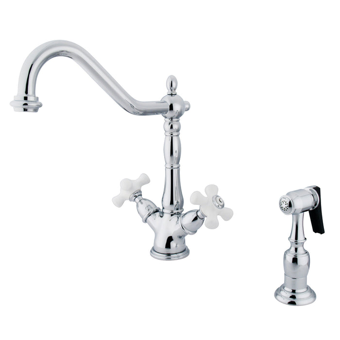 Heritage KS1231PXBS Two-Handle 2-or-4 Hole Deck Mount Kitchen Faucet with Brass Sprayer, Polished Chrome