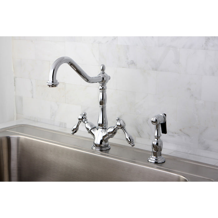 Tudor KS1231TALBS Two-Handle 1-or-3 Hole Deck Mount Kitchen Faucet with Brass Sprayer, Polished Chrome