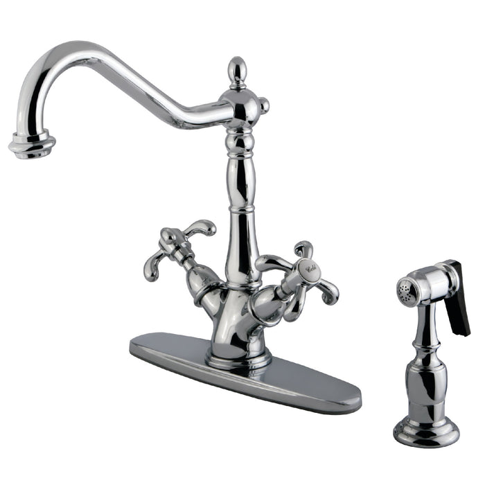 French Country KS1231TXBS Two-Handle 2-or-4 Hole Deck Mount Kitchen Faucet with Brass Sprayer, Polished Chrome