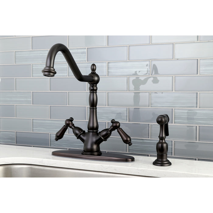 Heritage KS1235ALBS Two-Handle 2-or-4 Hole Deck Mount Kitchen Faucet with Brass Sprayer, Oil Rubbed Bronze