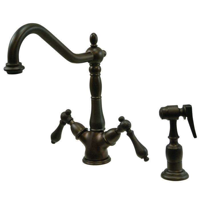 Heritage KS1235ALBS Two-Handle 2-or-4 Hole Deck Mount Kitchen Faucet with Brass Sprayer, Oil Rubbed Bronze