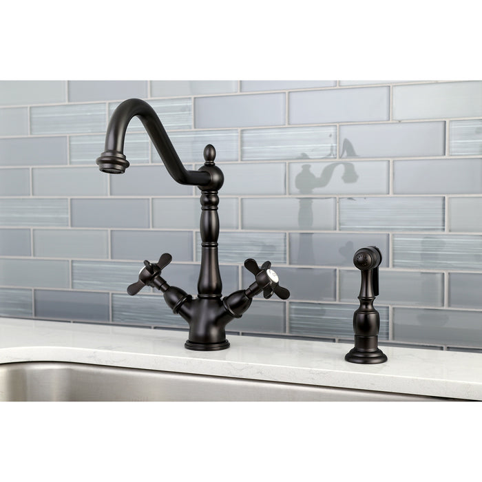 Essex KS1235BEXBS Two-Handle 2-or-4 Hole Deck Mount Kitchen Faucet with Brass Sprayer, Oil Rubbed Bronze