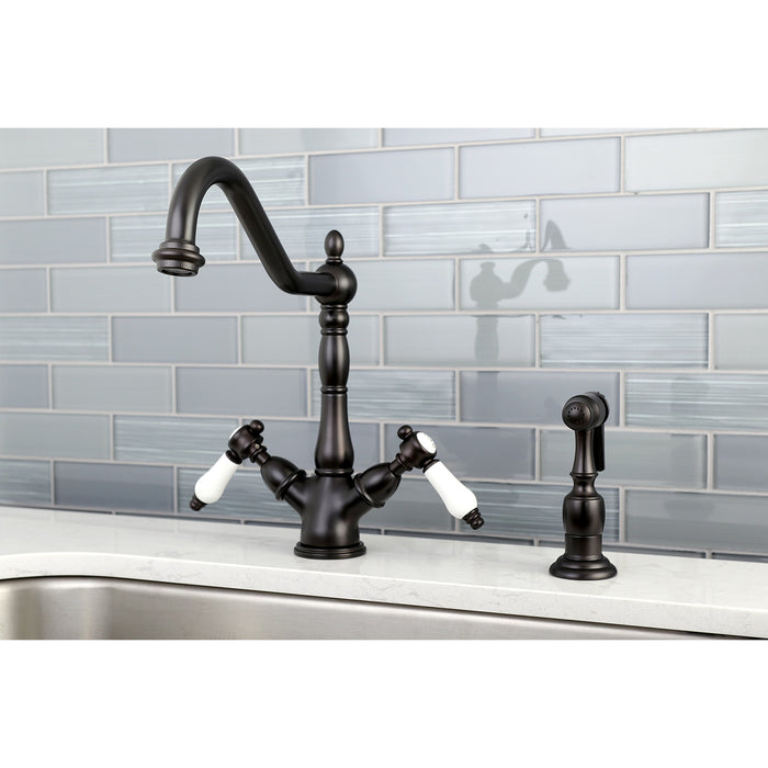 Bel-Air KS1235BPLBS Two-Handle 2-or-4 Hole Deck Mount Kitchen Faucet with Brass Sprayer, Oil Rubbed Bronze