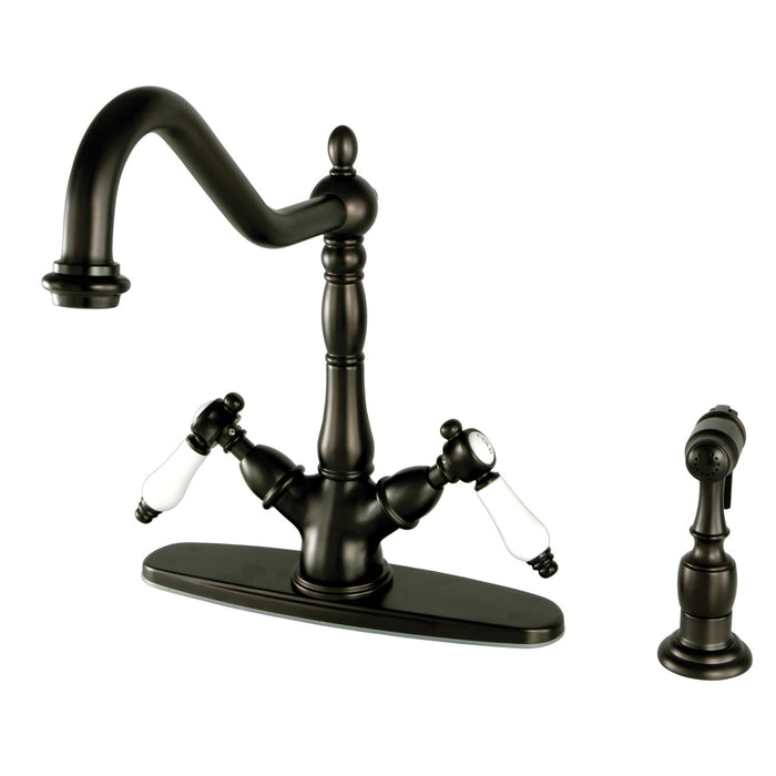 Bel-Air KS1235BPLBS Two-Handle 2-or-4 Hole Deck Mount Kitchen Faucet with Brass Sprayer, Oil Rubbed Bronze
