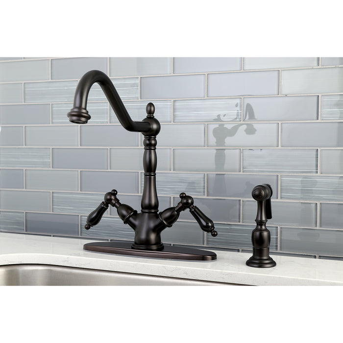 Duchess KS1235PKLBS Two-Handle 2-or-4 Hole Deck Mount Kitchen Faucet with Brass Sprayer, Oil Rubbed Bronze