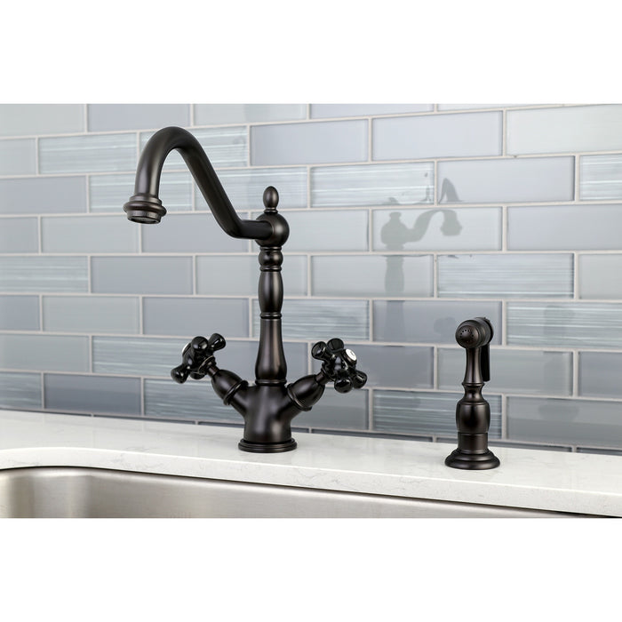 Duchess KS1235PKXBS Two-Handle 2-or-4 Hole Deck Mount Kitchen Faucet with Brass Sprayer, Oil Rubbed Bronze