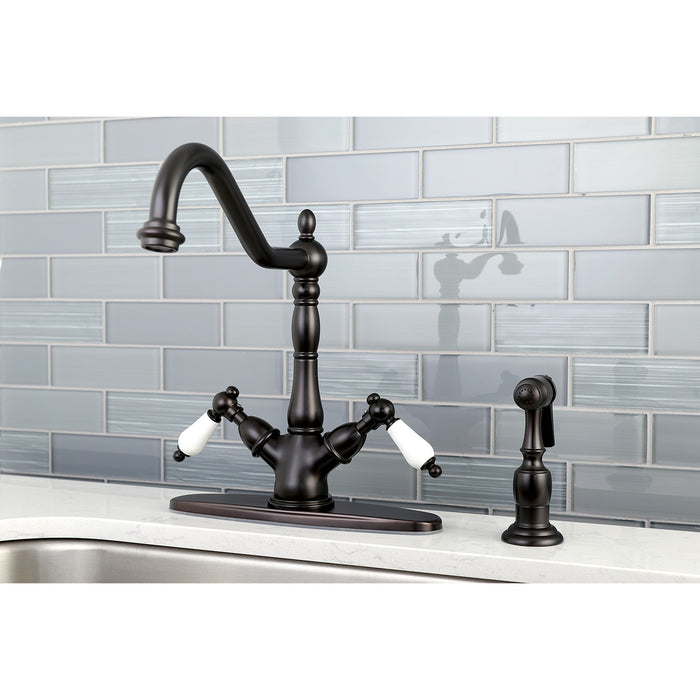 Heritage KS1235PLBS Two-Handle 2-or-4 Hole Deck Mount Kitchen Faucet with Brass Sprayer, Oil Rubbed Bronze