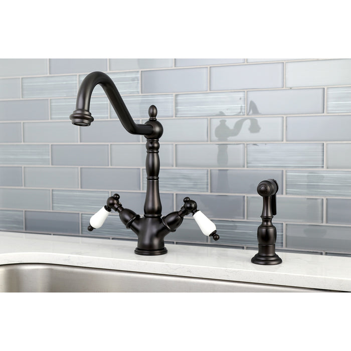 Heritage KS1235PLBS Two-Handle 2-or-4 Hole Deck Mount Kitchen Faucet with Brass Sprayer, Oil Rubbed Bronze