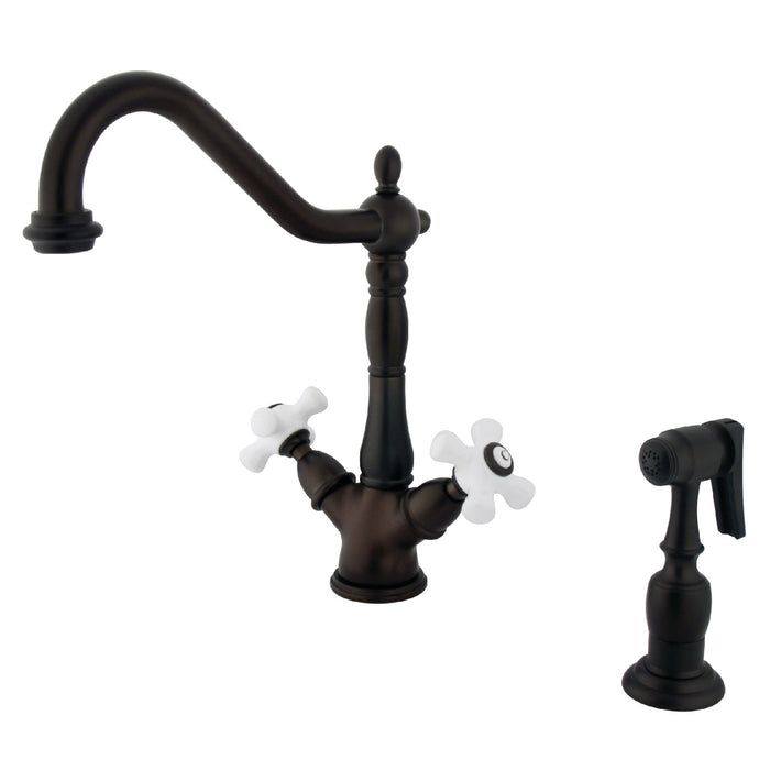 Heritage KS1235PXBS Two-Handle 2-or-4 Hole Deck Mount Kitchen Faucet with Brass Sprayer, Oil Rubbed Bronze