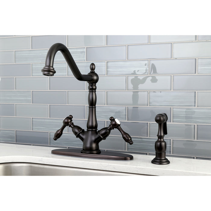 Tudor KS1235TALBS Two-Handle 1-or-3 Hole Deck Mount Kitchen Faucet with Brass Sprayer, Oil Rubbed Bronze