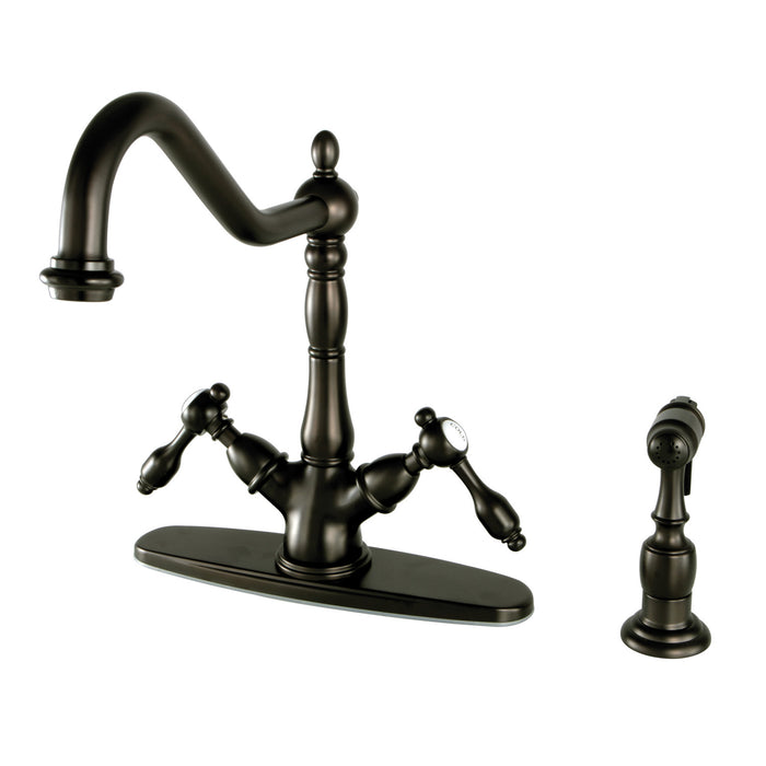 Tudor KS1235TALBS Two-Handle 1-or-3 Hole Deck Mount Kitchen Faucet with Brass Sprayer, Oil Rubbed Bronze