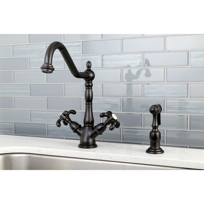 French Country KS1235TXBS Two-Handle 2-or-4 Hole Deck Mount Kitchen Faucet with Brass Sprayer, Oil Rubbed Bronze