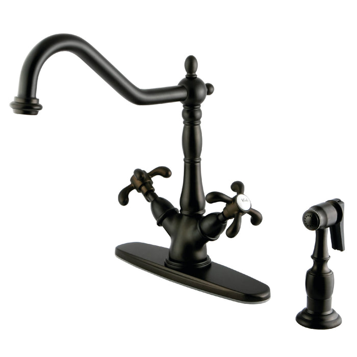 French Country KS1235TXBS Two-Handle 2-or-4 Hole Deck Mount Kitchen Faucet with Brass Sprayer, Oil Rubbed Bronze