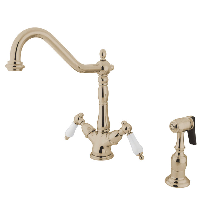 Heritage KS1236PLBS Two-Handle 2-or-4 Hole Deck Mount Kitchen Faucet with Brass Sprayer, Polished Nickel