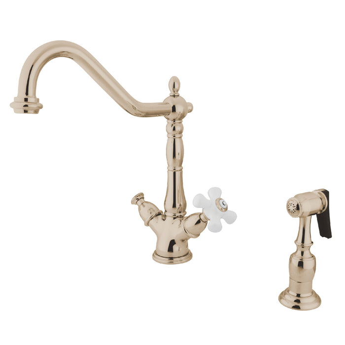Heritage KS1236PXBS Two-Handle 2-or-4 Hole Deck Mount Kitchen Faucet with Brass Sprayer, Polished Nickel