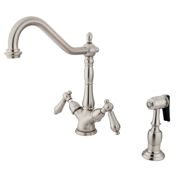 Heritage KS1238ALBS Two-Handle 2-or-4 Hole Deck Mount Kitchen Faucet with Brass Sprayer, Brushed Nickel