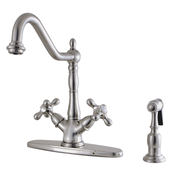 Heritage KS1238AXBS Two-Handle 2-or-4 Hole Deck Mount Kitchen Faucet with Brass Sprayer, Brushed Nickel