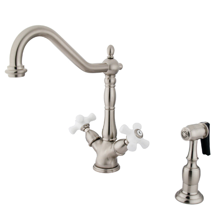 Heritage KS1238PXBS Two-Handle 2-or-4 Hole Deck Mount Kitchen Faucet with Brass Sprayer, Brushed Nickel