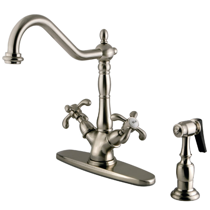 French Country KS1238TXBS Two-Handle 2-or-4 Hole Deck Mount Kitchen Faucet with Brass Sprayer, Brushed Nickel