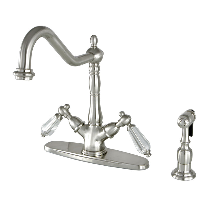 Wilshire KS1238WLLBS Two-Handle 2-or-4 Hole Deck Mount Kitchen Faucet with Brass Sprayer, Brushed Nickel