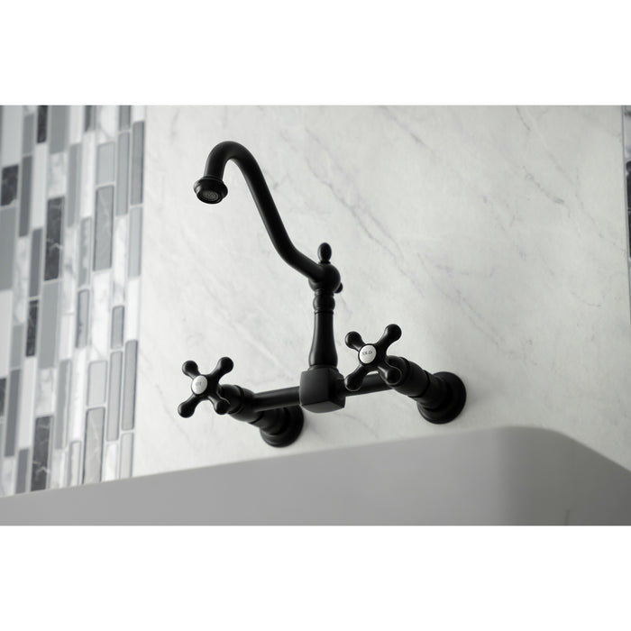 Kingston Heirloom KS1240AX - Heritage Two-Handle 2-Hole Wall Mount Bridge Kitchen Faucet, Matte Black