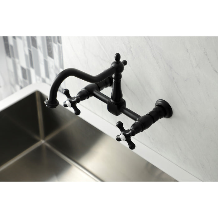 Kingston Heirloom KS1240AX - Heritage Two-Handle 2-Hole Wall Mount Bridge Kitchen Faucet, Matte Black
