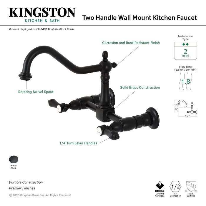 Heirloom KS1240BAL Two-Handle 2-Hole Wall Mount Bridge Kitchen Faucet, Matte Black