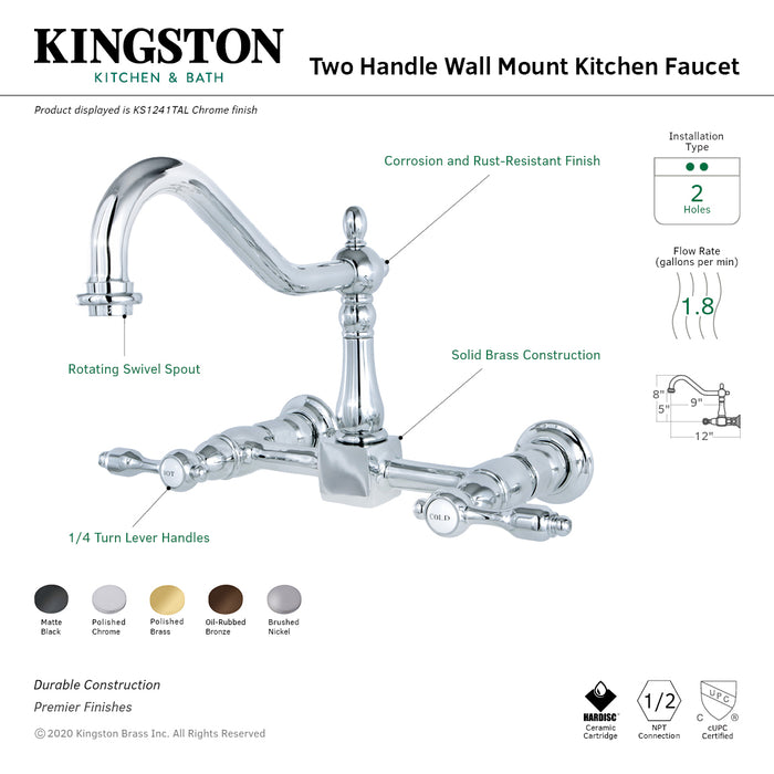 Tudor KS1240TAL Two-Handle 2-Hole Wall Mount Bridge Kitchen Faucet, Matte Black