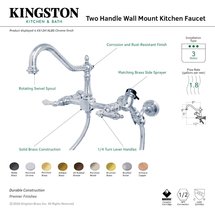 Heritage KS1241ALBS Two-Handle 2-Hole Wall Mount Bridge Kitchen Faucet with Brass Sprayer, Polished Chrome